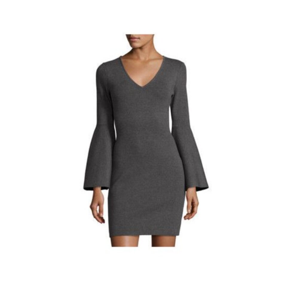 Milly Gray V-Neck Bell Sleeve Stretch Knit Mini Dress – Size P